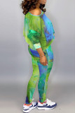 Green Fashion Casual Print Tie-dye Oblique Collar Long Sleeve Two Pieces