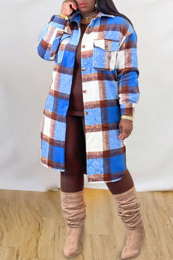 Blue White Fashion Casual Plaid Print Cardigan Turndown Collar Outerwear