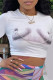 White Fashion Casual Print Patchwork Chains O Neck Tops