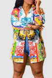 Yellow Casual Print Patchwork Buckle Turndown Collar Tops(Without Belt)
