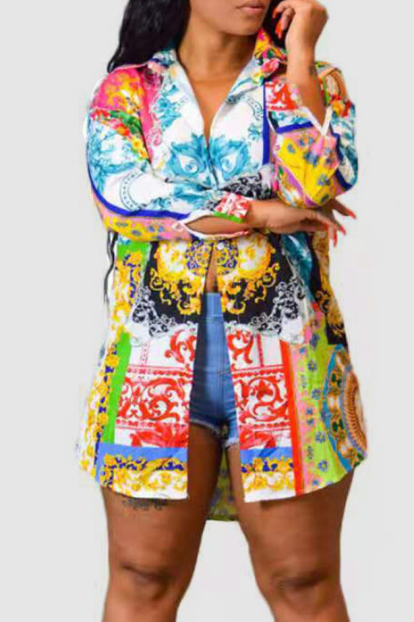 White Casual Print Patchwork Buckle Turndown Collar Tops(Without Belt)