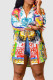White Casual Print Patchwork Buckle Turndown Collar Tops(Without Belt)