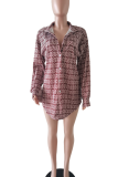Brown Casual Print Split Joint Turndown Collar Long Sleeve Two Pieces