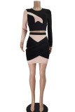Black Fashion Sexy Patchwork Basic O Neck Long Sleeve Two Pieces