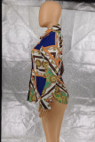 Multicolor Casual Print Patchwork Buckle Turndown Collar Tops