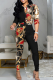 Red Black Casual Print Patchwork Turndown Collar Long Sleeve Two Pieces