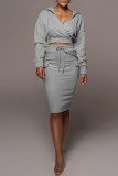 Coffee Casual Solid Patchwork Pocket Hooded Collar Long Sleeve Two Pieces