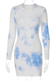 Blue Sexy Print Patchwork O Neck Pencil Skirt Dresses