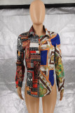 Multicolor Casual Print Patchwork Buckle Turndown Collar Tops