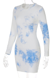 Blue Sexy Print Patchwork O Neck Pencil Skirt Dresses