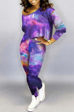 Pink Fashion Casual Print Tie-dye Oblique Collar Long Sleeve Two Pieces