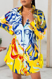 Yellow Casual Print Patchwork Buckle Turndown Collar Tops(Without Belt)