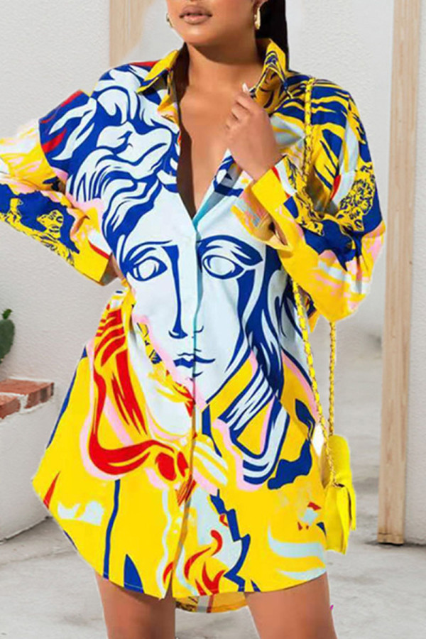Yellow Casual Print Patchwork Buckle Turndown Collar Tops(Without Belt)