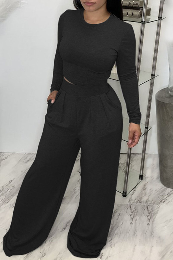 Black Casual Solid Patchwork O Neck Long Sleeve Two Pieces