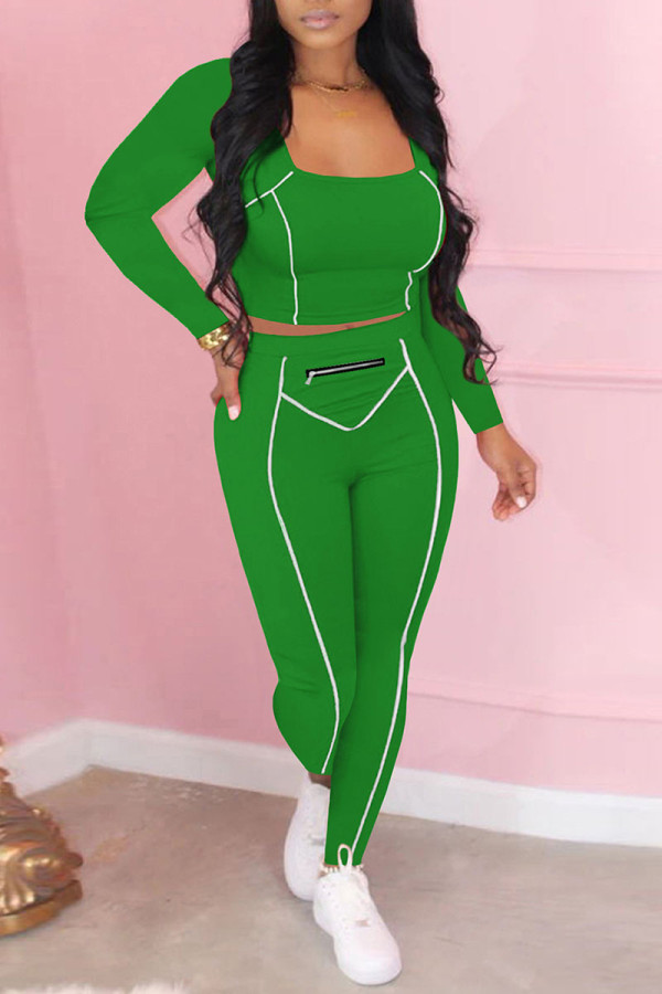 Green Casual Solid Patchwork Zipper U Neck Long Sleeve Two Pieces