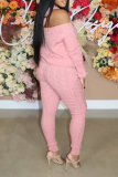 Pink Casual Solid Patchwork V Neck Long Sleeve Two Pieces