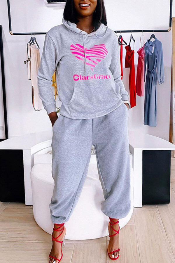 Grey Casual Print Patchwork Hooded Collar Long Sleeve Two Pieces