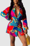 Yellow Casual Print Patchwork Buckle Turndown Collar Tops(Without Belt)