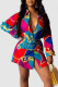 Red Casual Print Patchwork Buckle Turndown Collar Tops(Without Belt)