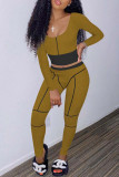 Earth Yellow Casual Sportswear Solid Split Joint O Neck Long Sleeve Two Pieces