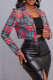 Red Casual Plaid Print Patchwork Buckle Turn-back Collar Outerwear