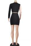 Black Fashion Sexy Patchwork Basic O Neck Long Sleeve Two Pieces