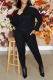 Black Casual Solid Patchwork V Neck Long Sleeve Two Pieces