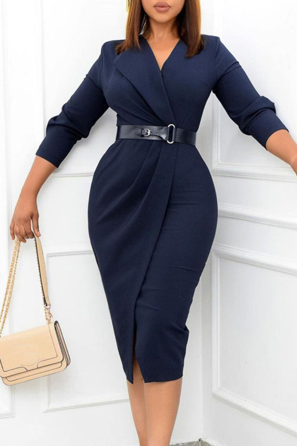 Deep Blue Elegant Solid Patchwork With Belt Turn-back Collar One Step Skirt Dresses