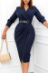 Deep Blue Elegant Solid Patchwork With Belt Turn-back Collar One Step Skirt Dresses