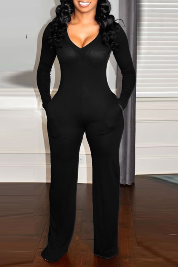 Black Sexy Solid Patchwork V Neck Boot Cut Jumpsuits