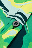 Green Sexy Print Draw String Asymmetrical Turndown Collar A Line Dresses