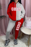 Red Casual Letter Print Patchwork Pocket Hooded Collar Long Sleeve Two Pieces