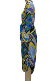 Turquoise Casual Print Patchwork Buckle Turndown Collar Shirt Dress Dresses