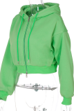 Green Sportswear Solid Draw String Hooded Collar Tops