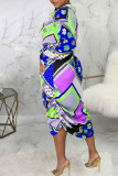 Turquoise Casual Print Patchwork Buckle Turndown Collar Shirt Dress Dresses