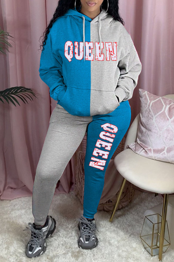 Blue Casual Letter Print Patchwork Pocket Hooded Collar Long Sleeve Two Pieces
