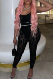 Black Sexy Print Lace Letter U Neck Skinny Jumpsuits