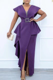 Purple Elegant Solid Patchwork Flounce With Belt Asymmetrical V Neck One Step Skirt Dresses