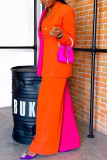 Red Orange Casual Solid Patchwork Buckle Turn-back Collar Long Sleeve Two Pieces