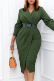 Deep Blue Elegant Solid Patchwork With Belt Turn-back Collar One Step Skirt Dresses
