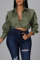 Green Casual Solid Split Joint Buckle Turndown Collar Tops