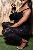 Black Sexy Print Lace Letter U Neck Skinny Jumpsuits