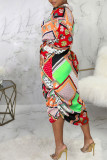 Turquoise Casual Print Patchwork Buckle Turndown Collar Shirt Dress Dresses