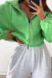 Green Sportswear Solid Draw String Hooded Collar Tops