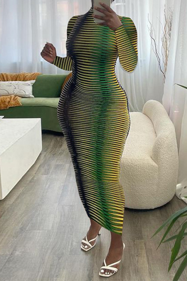 Green Sexy Print Patchwork O Neck Pencil Skirt Dresses