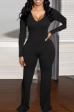 Black Sexy Solid Patchwork V Neck Boot Cut Jumpsuits