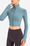 Gray Blue Casual Solid Split Joint Zipper Zipper Collar Outerwear