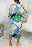 Turquoise Casual Print Patchwork Buckle Turndown Collar Shirt Dress Dresses