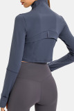 Gray Blue Casual Solid Split Joint Zipper Zipper Collar Outerwear