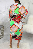 Turquoise Casual Print Patchwork Buckle Turndown Collar Shirt Dress Dresses